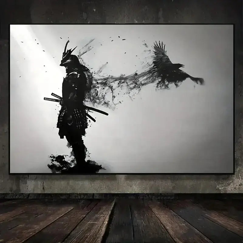 Japanese black samurai man ink wall art bedroom canvas decor
