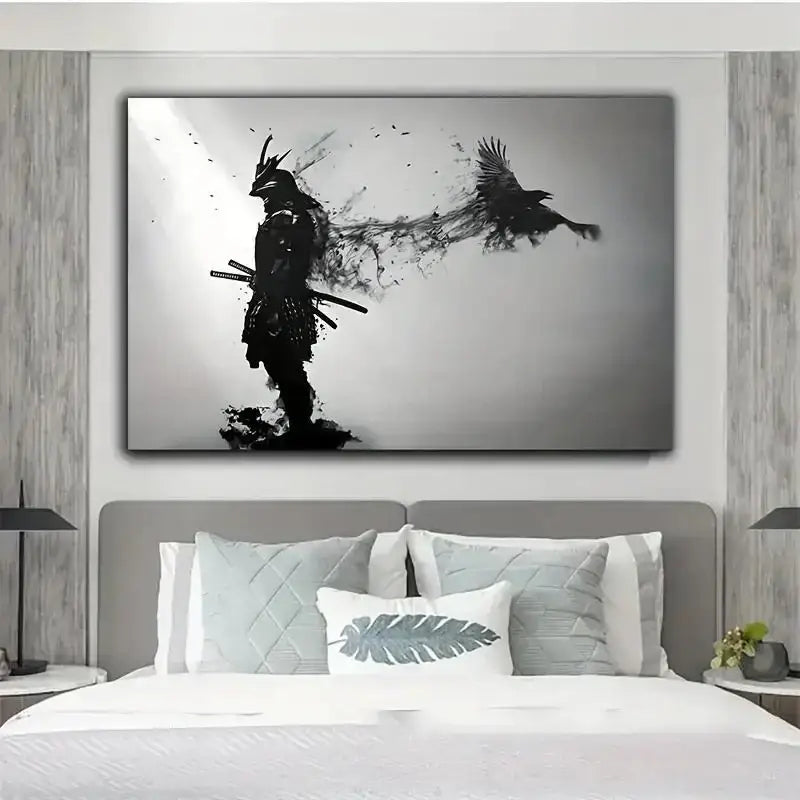 Japanese black samurai man ink wall art bedroom canvas decor