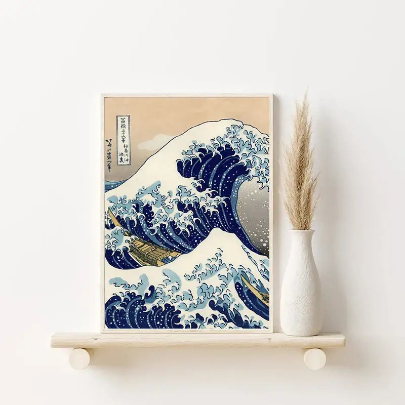 Katsushika hokusai blue waves framed wall art set living room decor