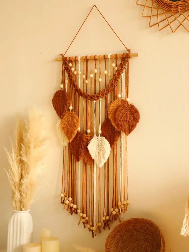 Boho green & beige macrame wall hanging living room leaf decor