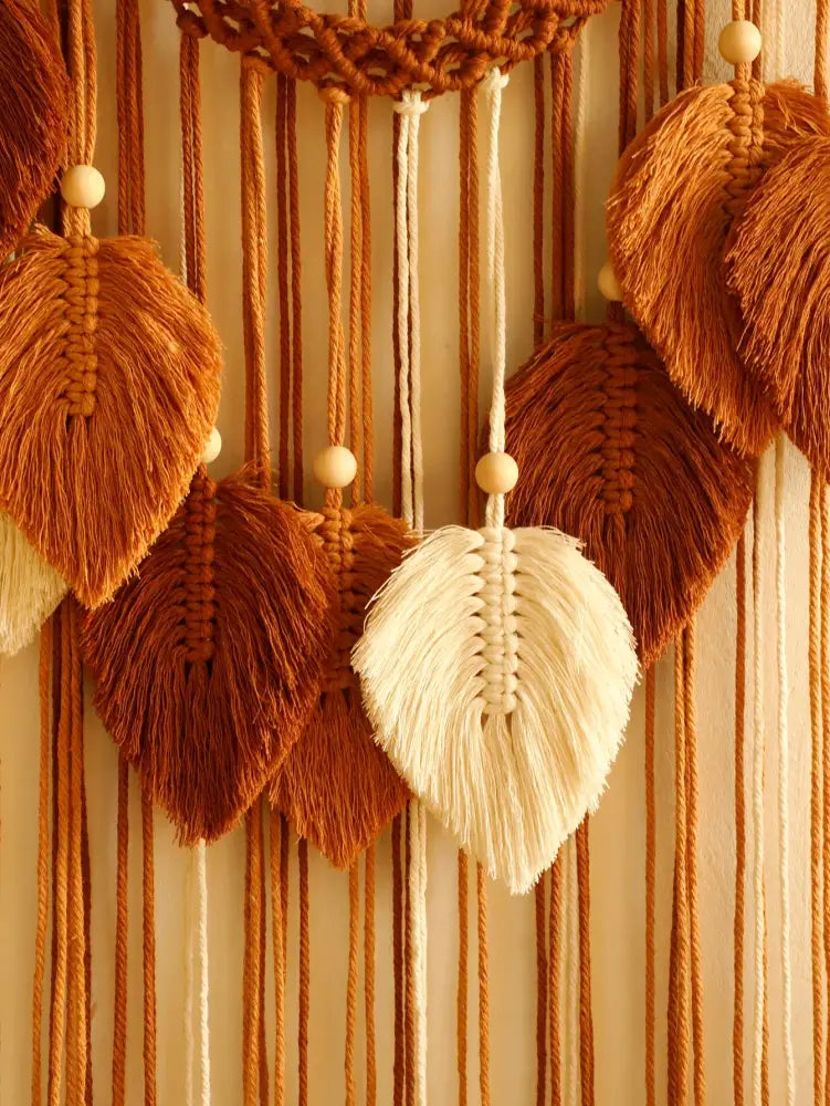 Boho green & beige macrame wall hanging living room leaf decor