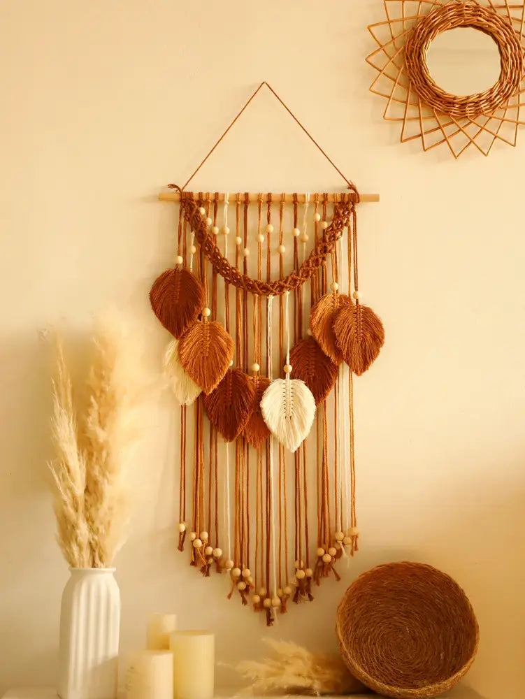 Boho green & beige macrame wall hanging living room leaf decor