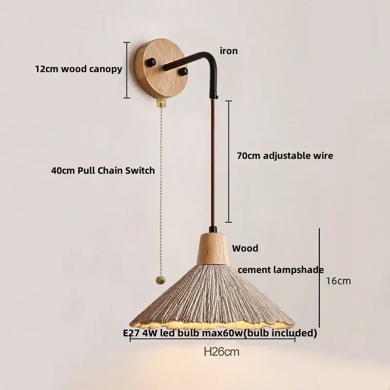 DecorBites™ LED Cement Wall Light with Pull Chain & Wood Socket - Nordic Modern Sconce