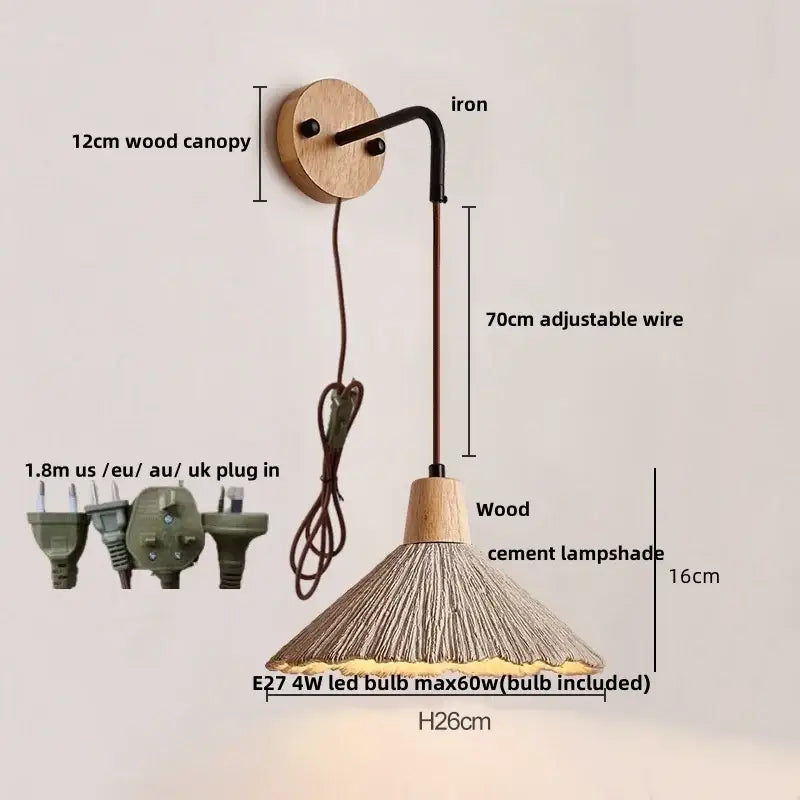 DecorBites™ LED Cement Wall Light with Pull Chain & Wood Socket - Nordic Modern Sconce