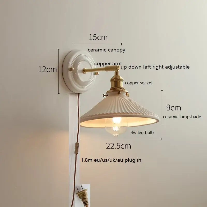 DecorBites™ LED Ceramic Wall Lamp with Copper Arm for Bedroom Bathroom Mirror