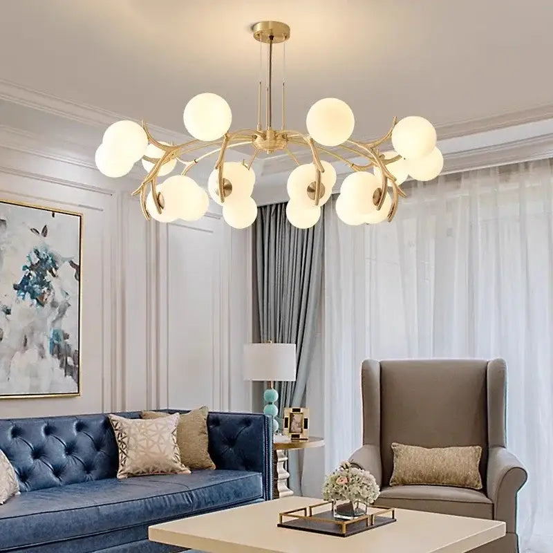 Organic gold led chandelier lighting with frosted globes for dining room