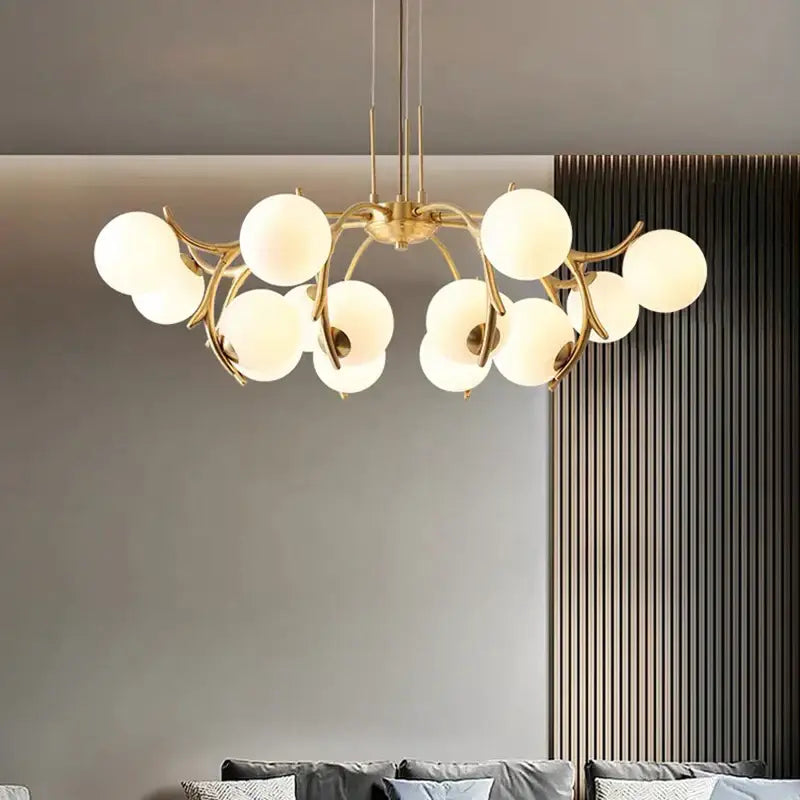 Organic gold led chandelier lighting with frosted globes for dining room