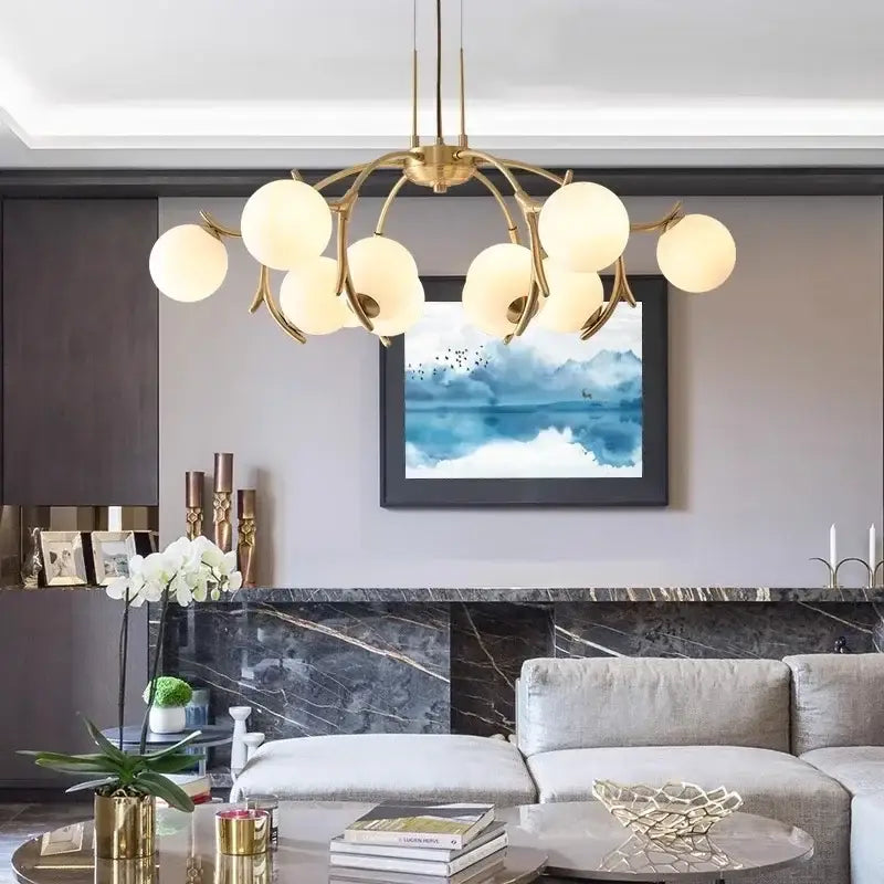 Organic gold led chandelier lighting with frosted globes for dining room