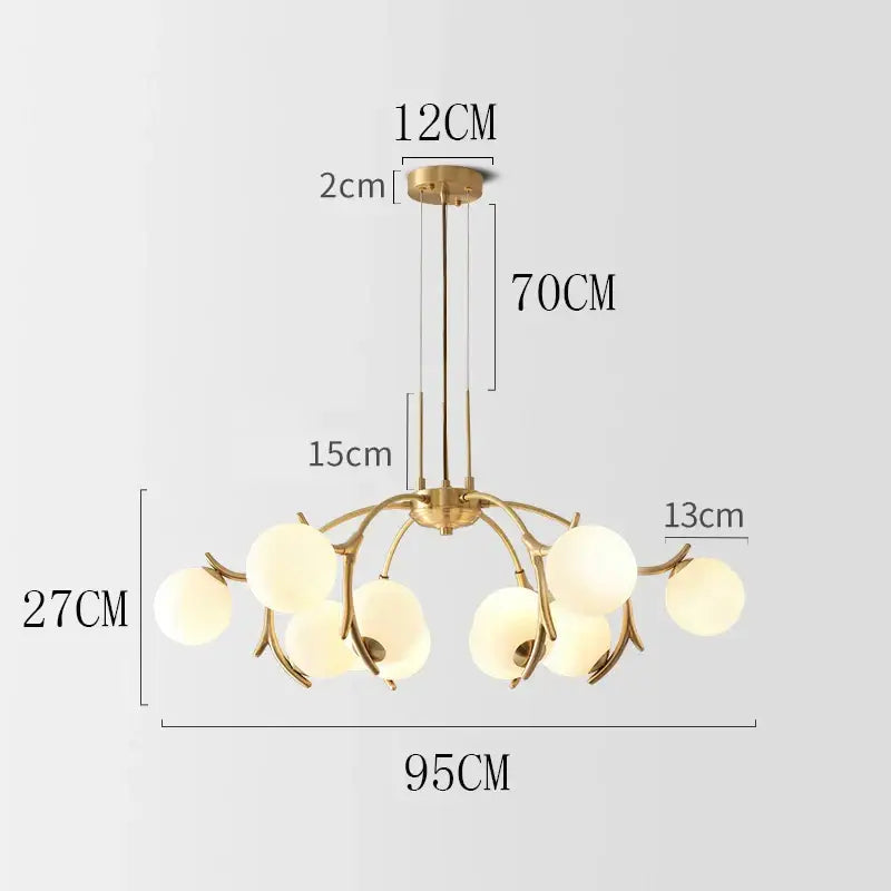 Organic gold led chandelier lighting with frosted globes for dining room