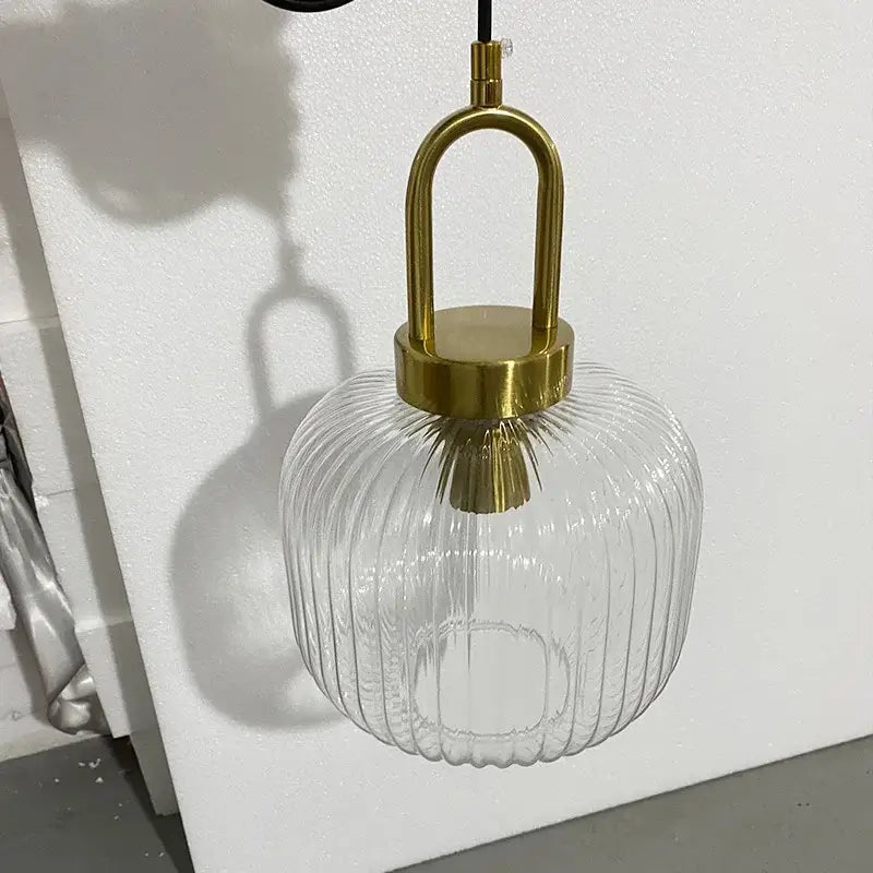 Modern ribbed led glass chandelier dining room brass pendant light