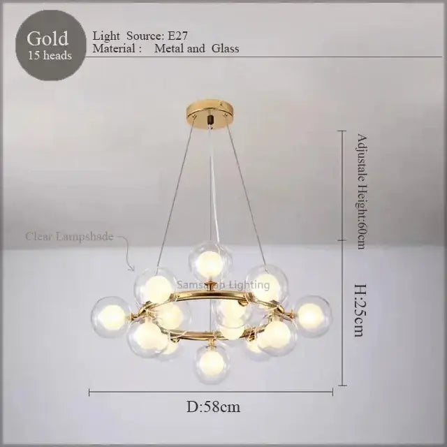 Modern gold led glass chandelier cluster pendant lamp dining room
