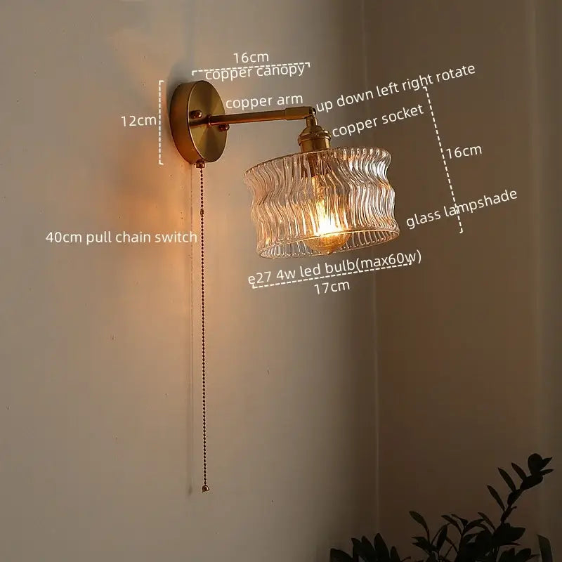 Green ribbed glass wall sconce with pull chain switch for bedroom