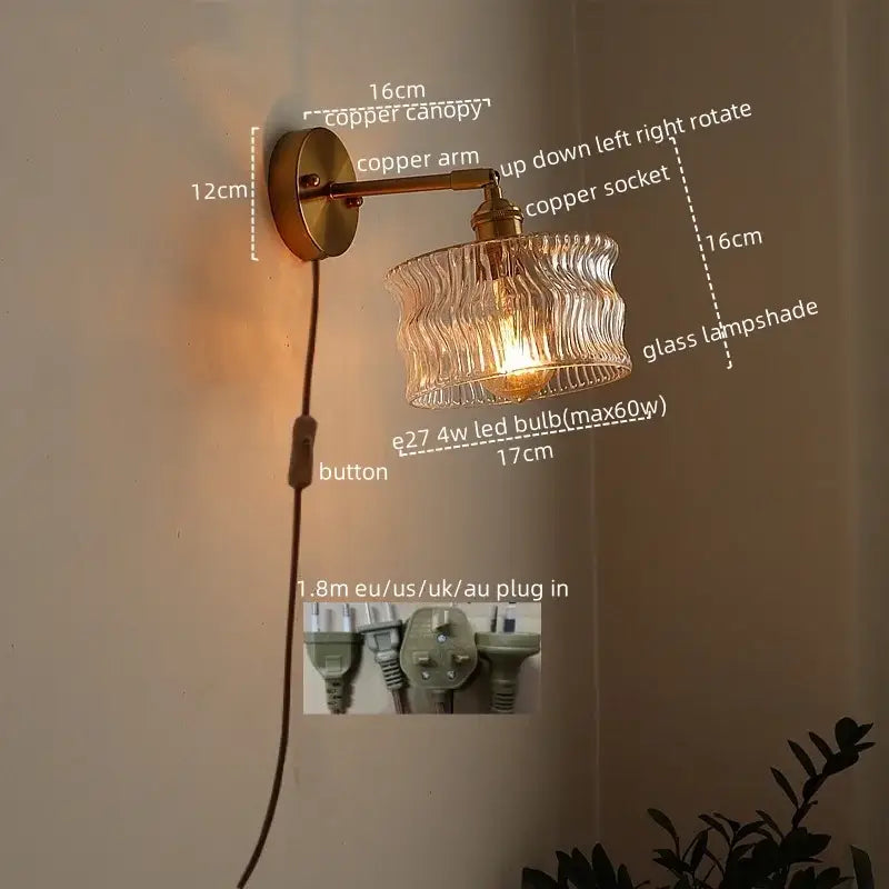 Green ribbed glass wall sconce with pull chain switch for bedroom