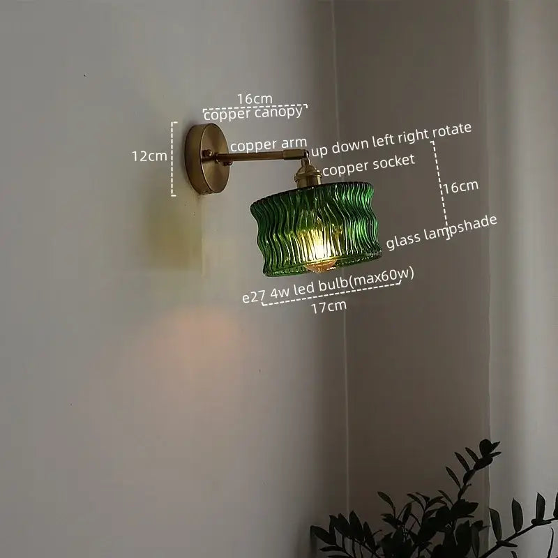 Green ribbed glass wall sconce with pull chain switch for bedroom