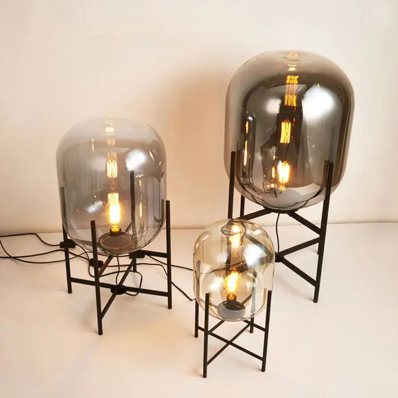 Retro amber glass floor lamp living room black metal light