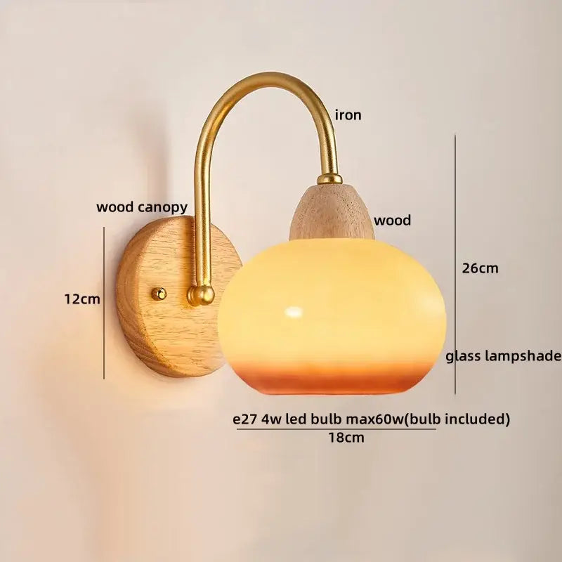 Modern brass and wood glass globe wall light fixture bedroom lamp