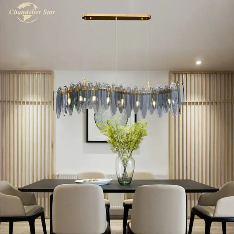 Postmodern blue & white led glass metal leaf chandelier living room