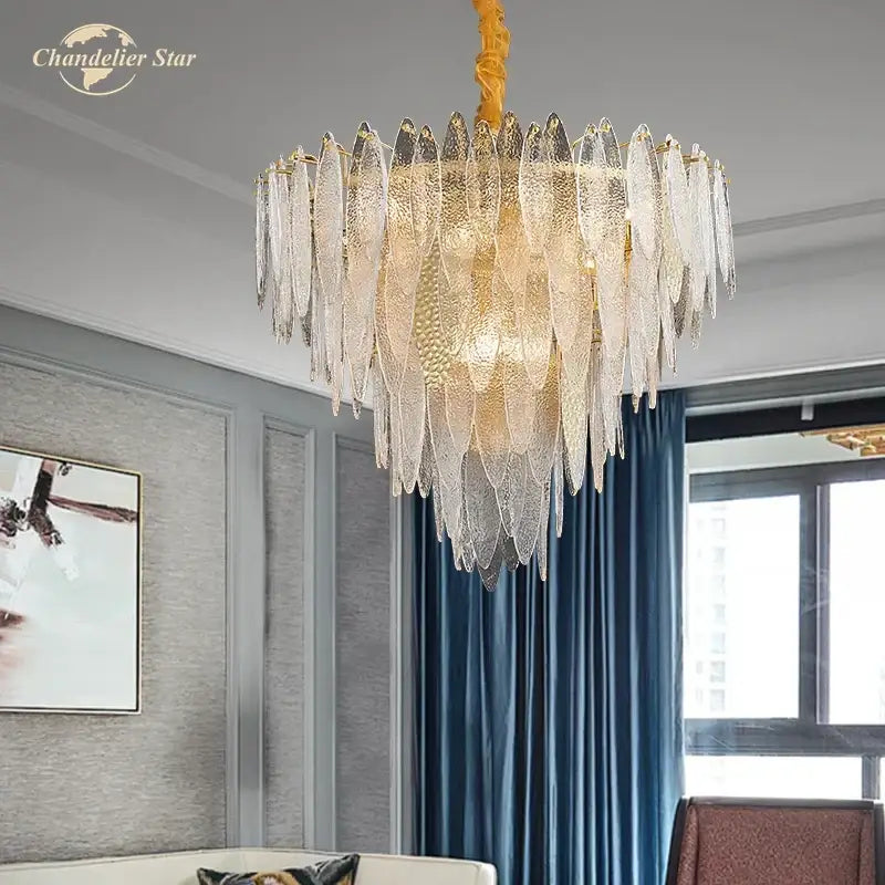 Postmodern blue & white led glass metal leaf chandelier living room