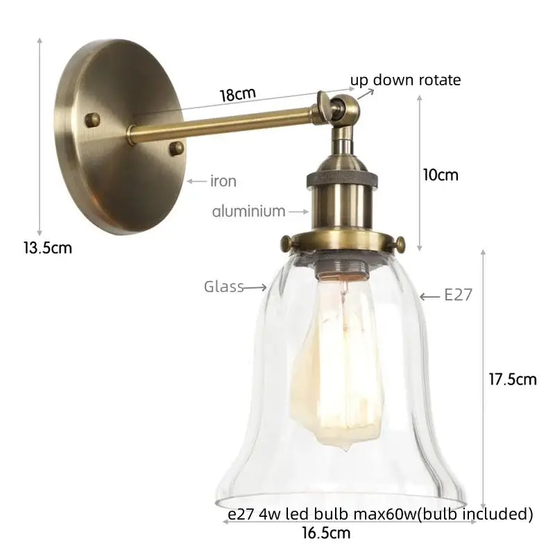 Industrial brass led glass wall lamp for stairway home decor