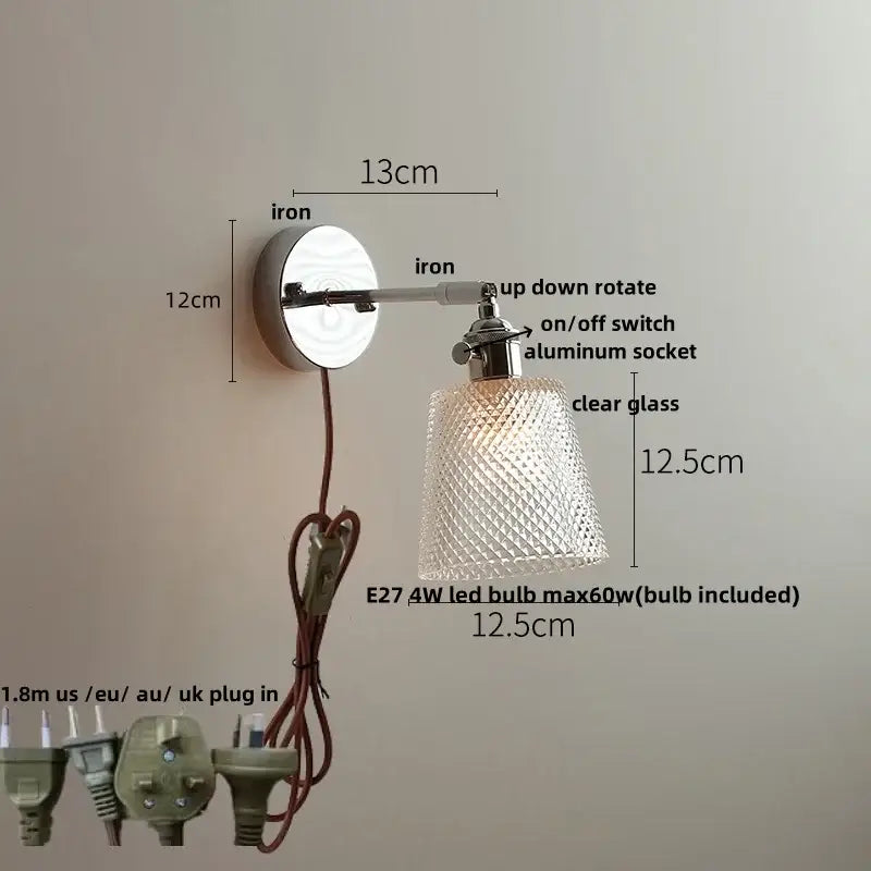 Vintage brushed nickel led glass wall light bedroom sconce