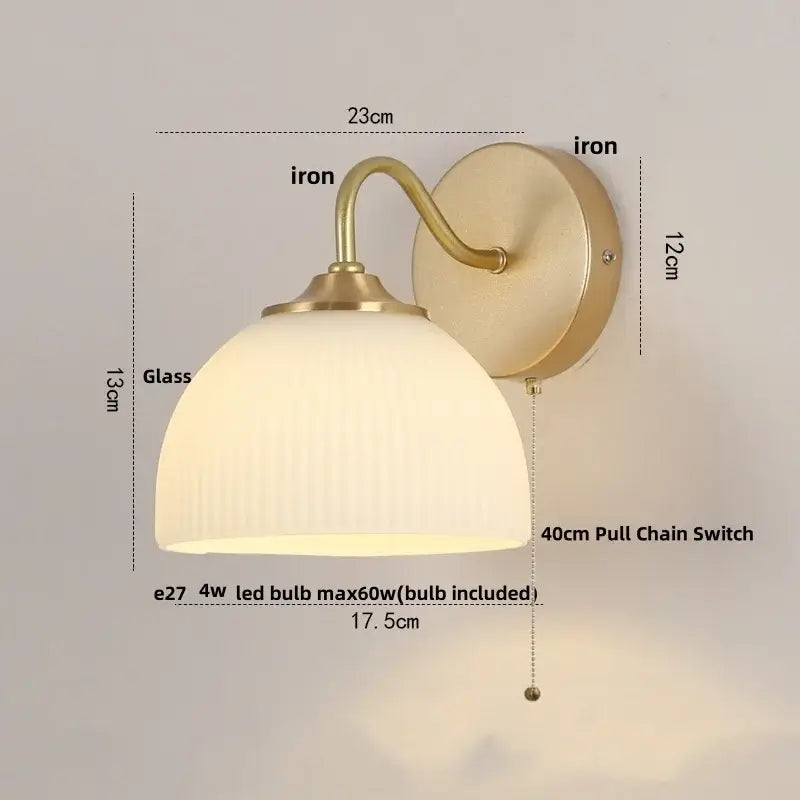 Modern gold glass wall sconce with pull chain switch bedroom light