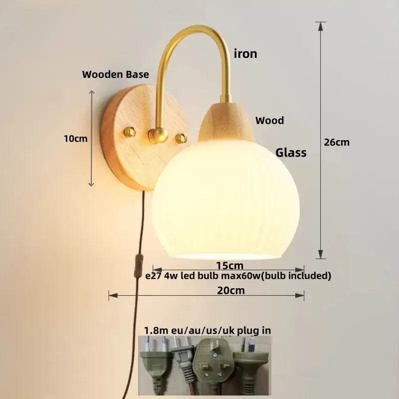 Modern gold glass wall sconce with pull chain switch bedroom light