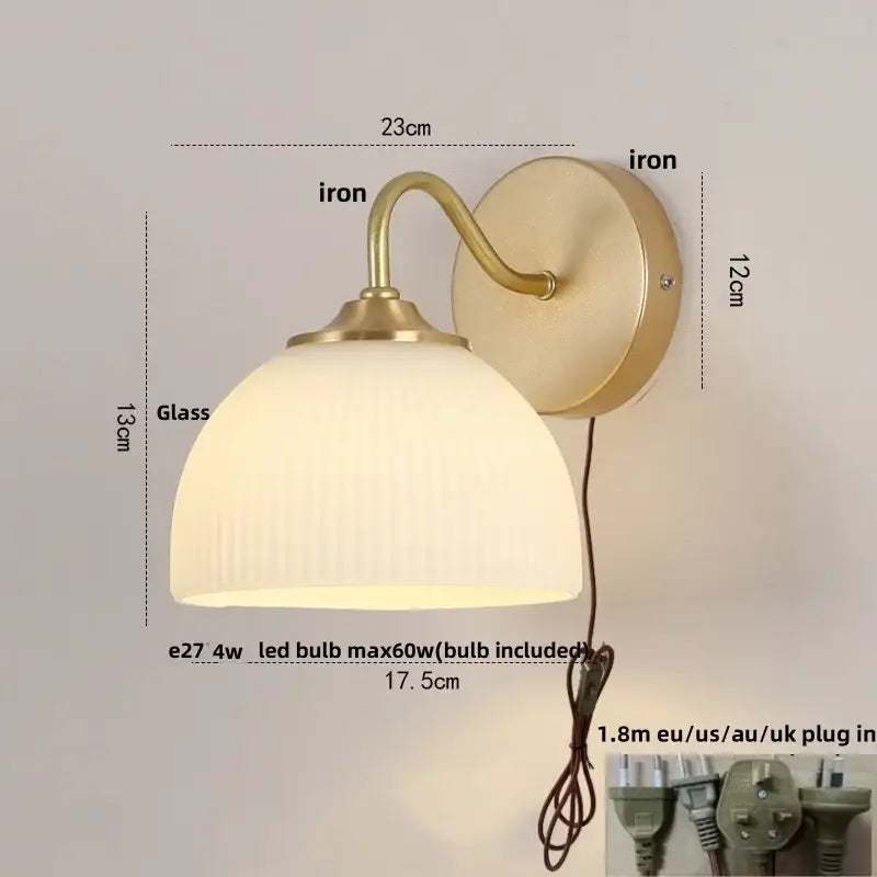Modern gold glass wall sconce with pull chain switch bedroom light