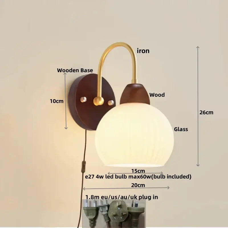 Modern gold glass wall sconce with pull chain switch bedroom light