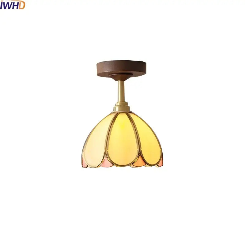 Flower shaped led glass wood ceiling lamp bedroom brass light