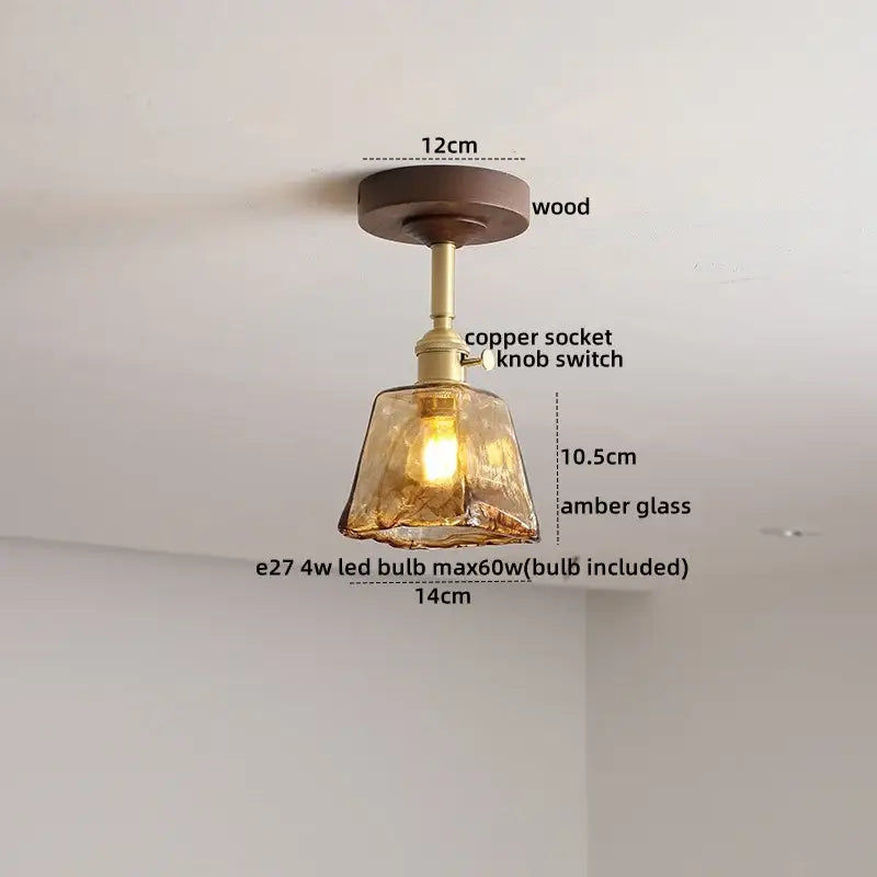 Flower shaped led glass wood ceiling lamp bedroom brass light