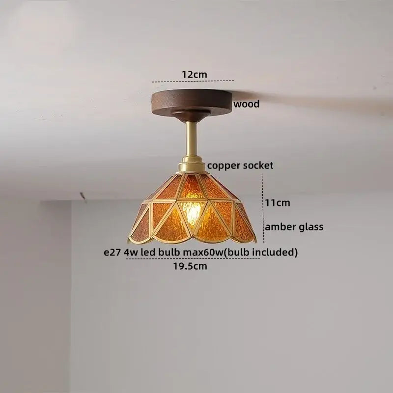 Flower shaped led glass wood ceiling lamp bedroom brass light