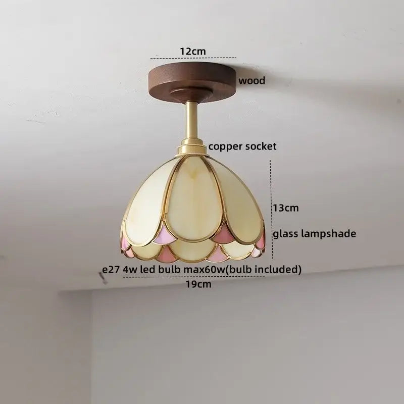 Flower shaped led glass wood ceiling lamp bedroom brass light