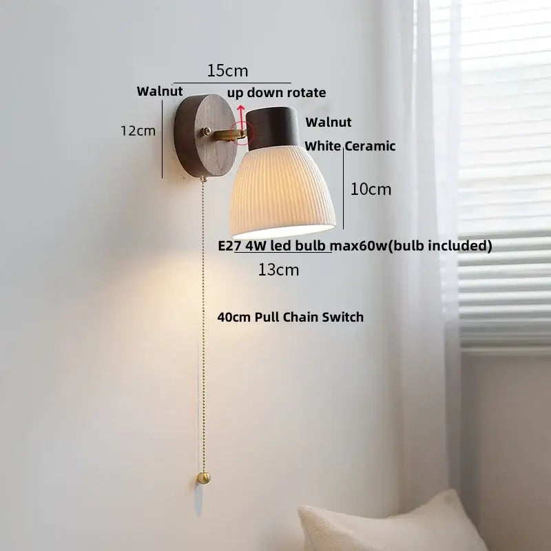 Rustic wood and brass led glass wall lamp bedroom sconce