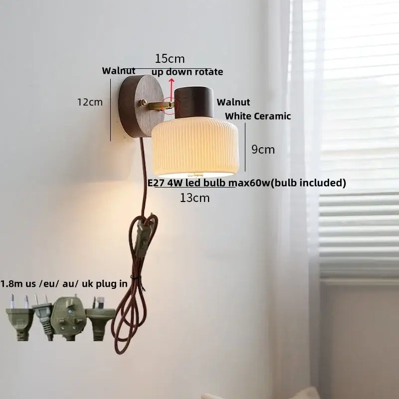 Rustic wood and brass led glass wall lamp bedroom sconce