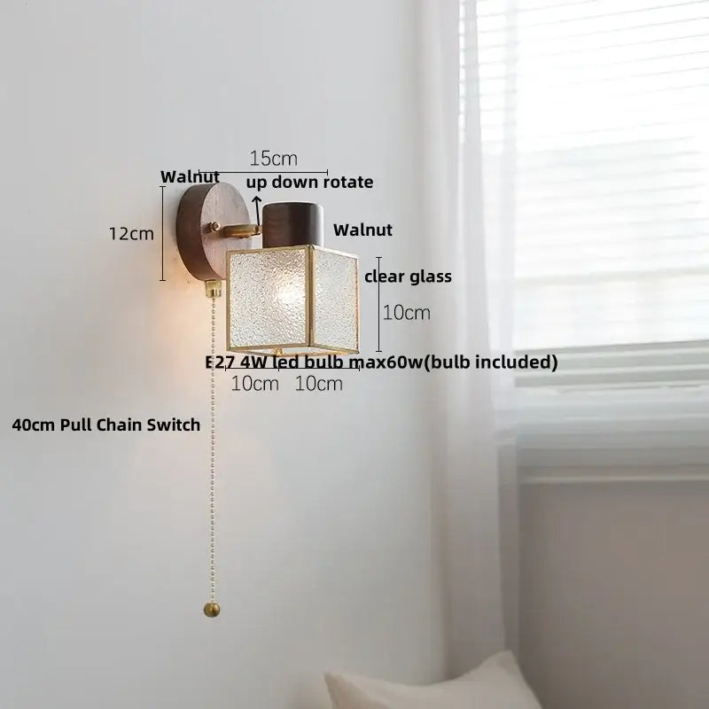 Rustic wood and brass led glass wall lamp bedroom sconce