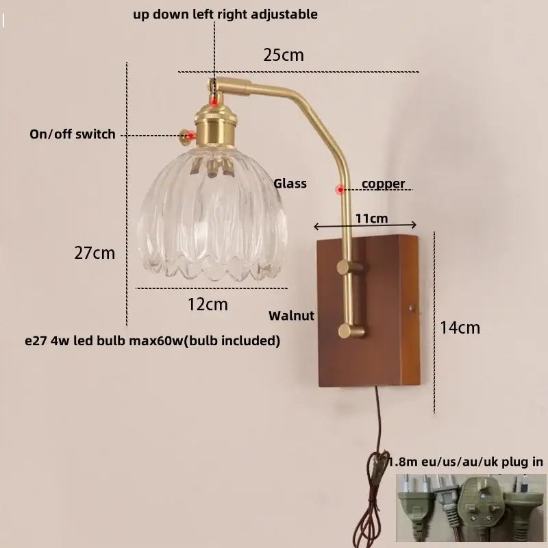 Mid century amber glass and wood wall lamp bedroom pull chain switch