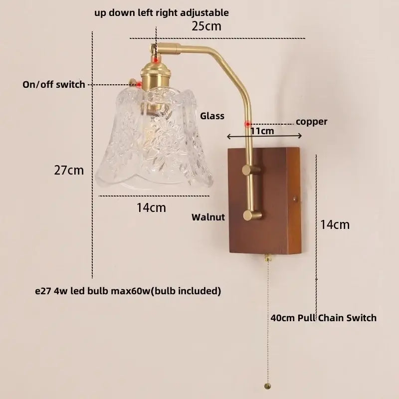 Mid century amber glass and wood wall lamp bedroom pull chain switch