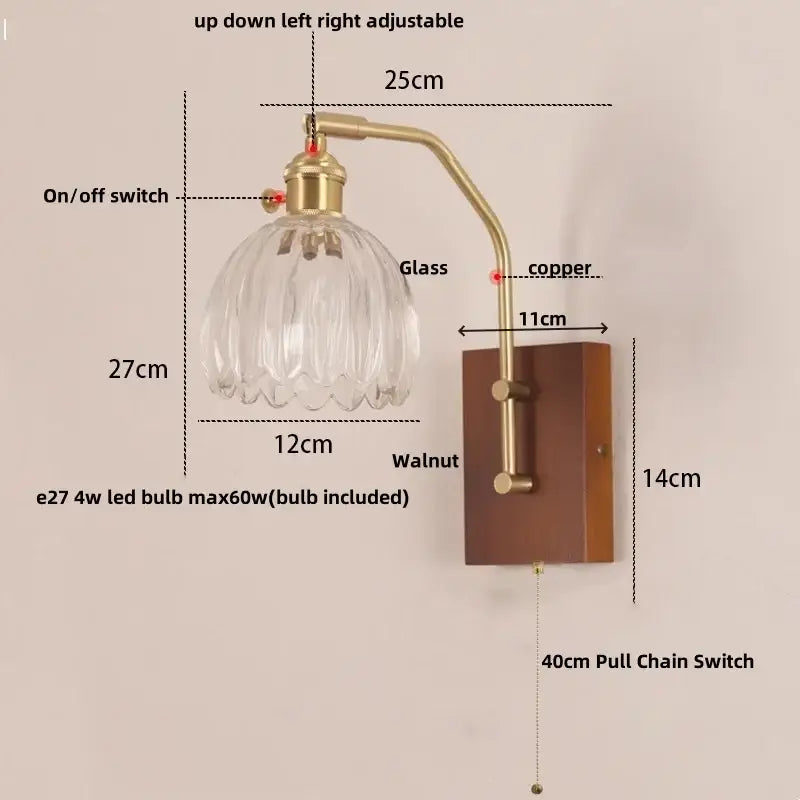 Mid century amber glass and wood wall lamp bedroom pull chain switch