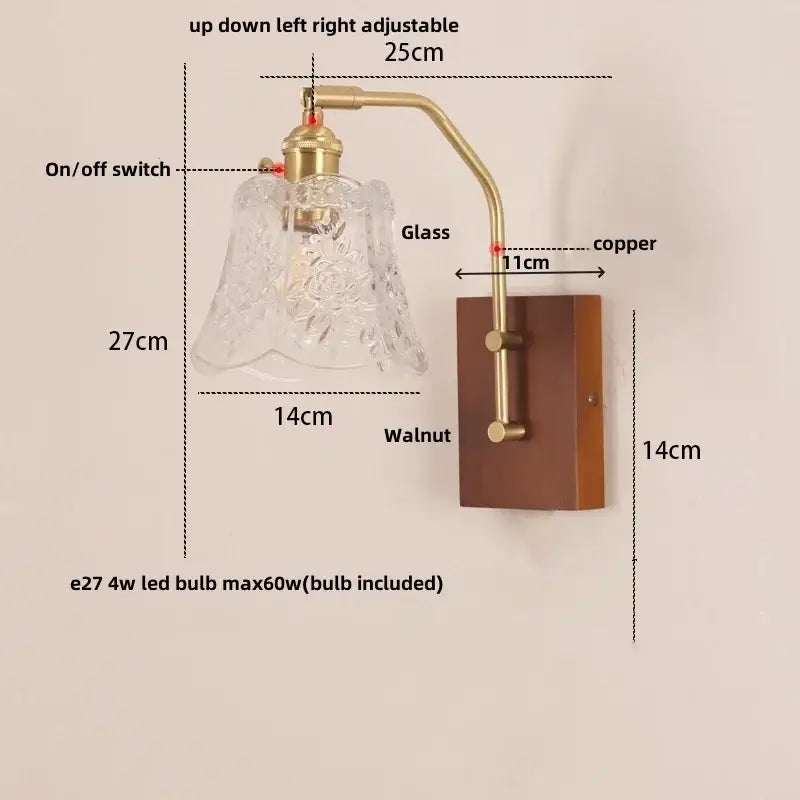 Mid century amber glass and wood wall lamp bedroom pull chain switch