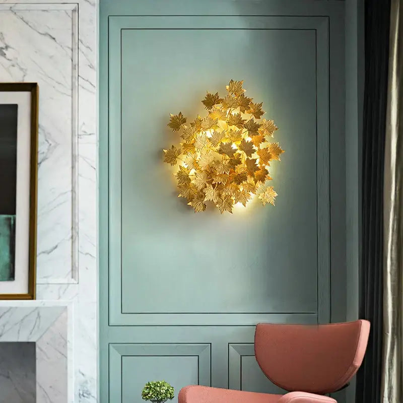 Golden maple leaves led wall sconce bedroom metallic art sculpture