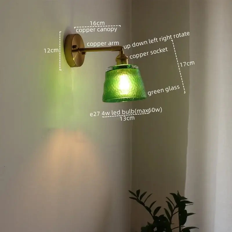 Japanese style led green glass wall light for bedroom brass sconce