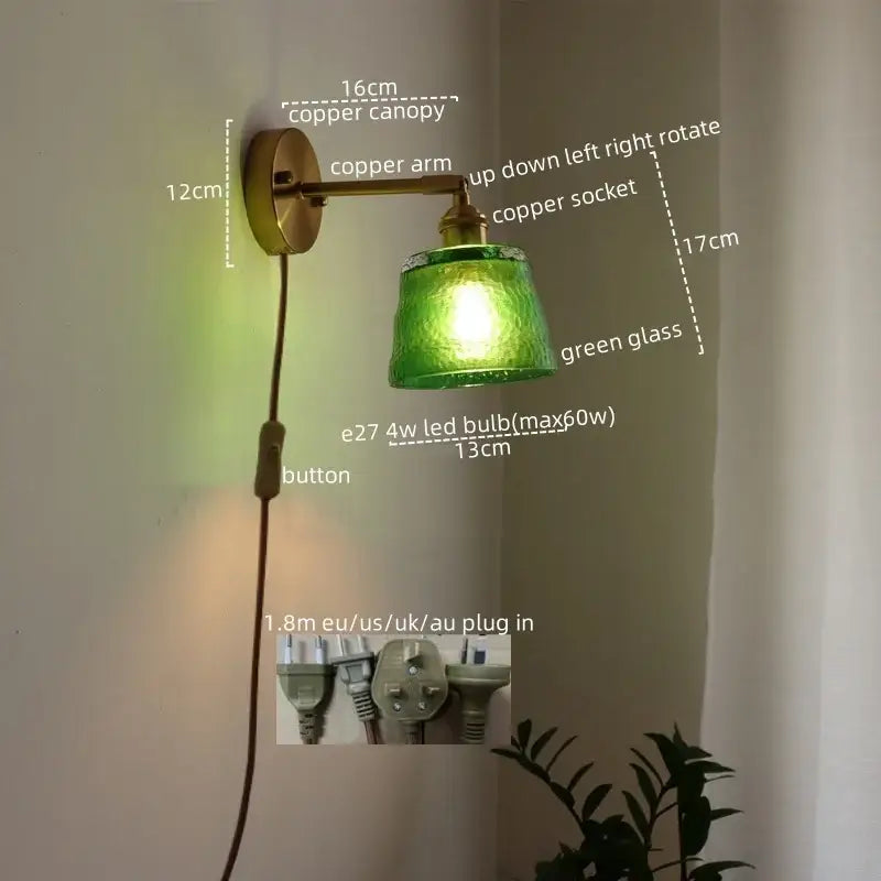 Japanese style led green glass wall light for bedroom brass sconce