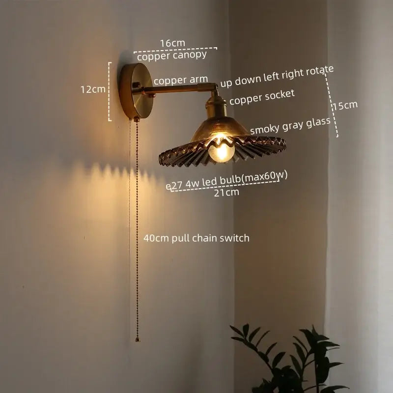 Japanese style led green glass wall light for bedroom brass sconce