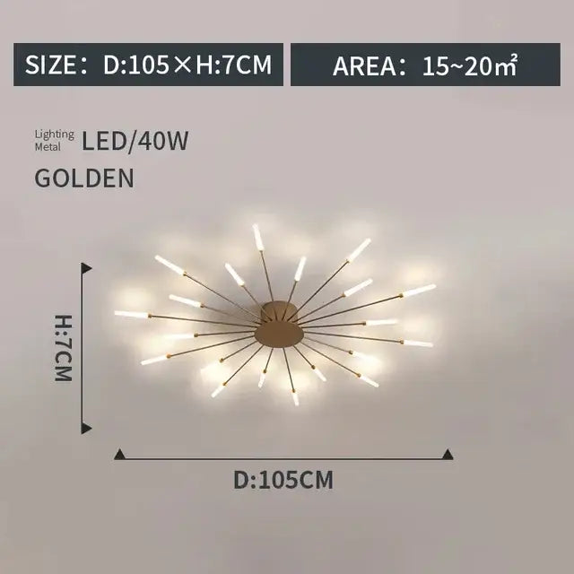 Modern gold starburst led indoor ceiling light for bedroom