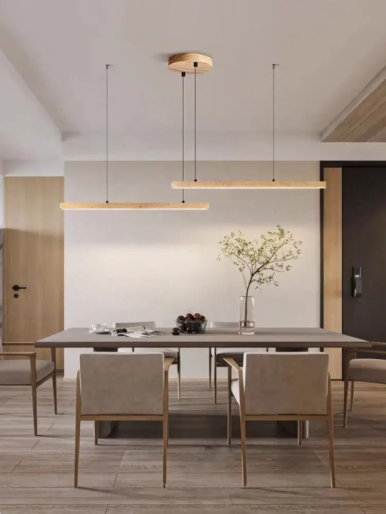 Minimalist wood led natural stone round linear chandelier dining room
