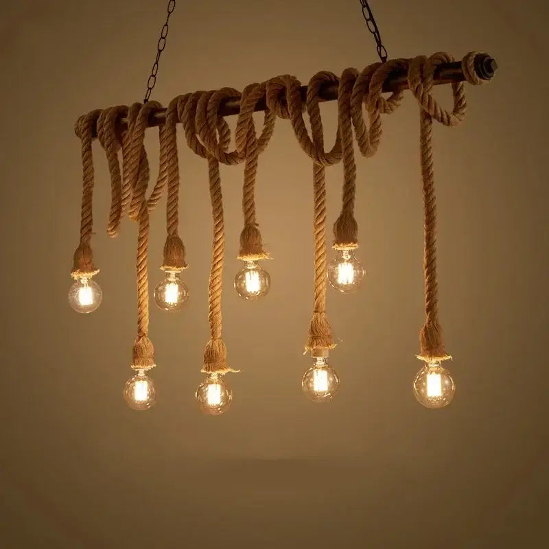 Rustic industrial wood and retro hemp rope pendant light dining room