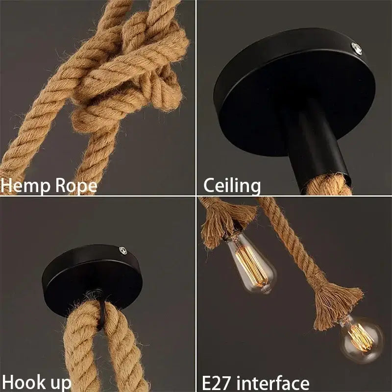 Rustic industrial wood and retro hemp rope pendant light dining room