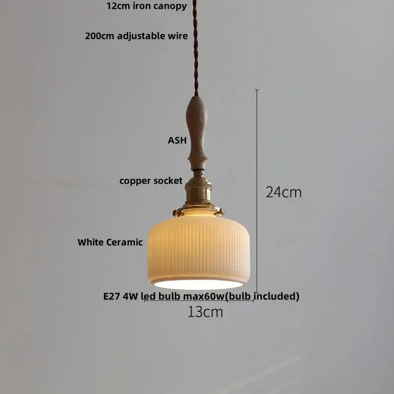 Japanese ribbed white ceramic led pendant light dining room ash wood