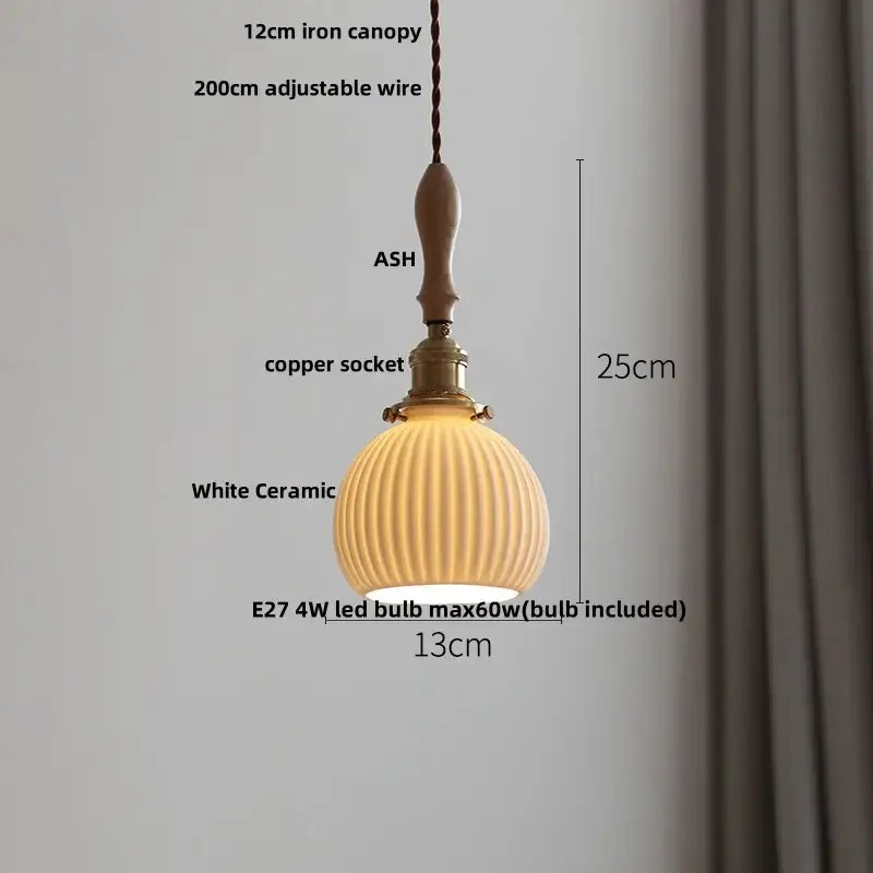Japanese ribbed white ceramic led pendant light dining room ash wood