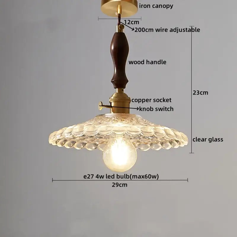 Modern patterned glass led pendant light kitchen wood and brass